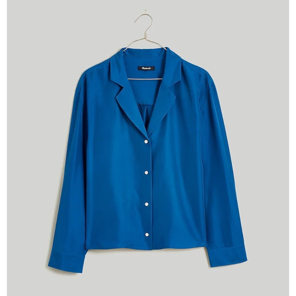 🏷️NWT Madewell Silk Button-Up Shirt In Blue Cove - Size XS
